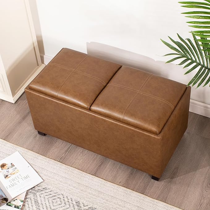 Adeco 31 Inches Storage Ottoman Bench, Non-Folding End of Bed Foot Rest Stools Ottoman with Thicker Foam Padded Seat, Upholstered Storage Chest for Living Room, Entryway, Bedroom