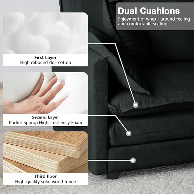Modular Sectional Sofa, 76.7 Inch L-Shaped Cloud Sofa with Deep Seat Comfortable Chenille Sofa with Cushion Double Sectional Sofa for Living Room Apartment,Black