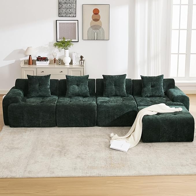 101.65” Modular Sectional Couch for Living Room, Modren L-Shape Cloud Sectional 3-Seater Sofa with Movable Ottoman, Woven Texture Upholstery Boneless Couch, No Assembly, Green