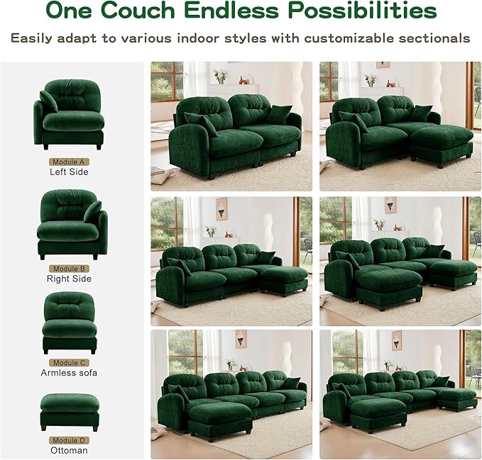 74" Loveseat L Shaped Sofa with Ottoman, Comfy Chenille Fabric Cloud Sectional Couch, Modern Upholstered Deep Seat Sofa with Armrest Pillow, Cloud Couch for Small Spaces Apartment, Green