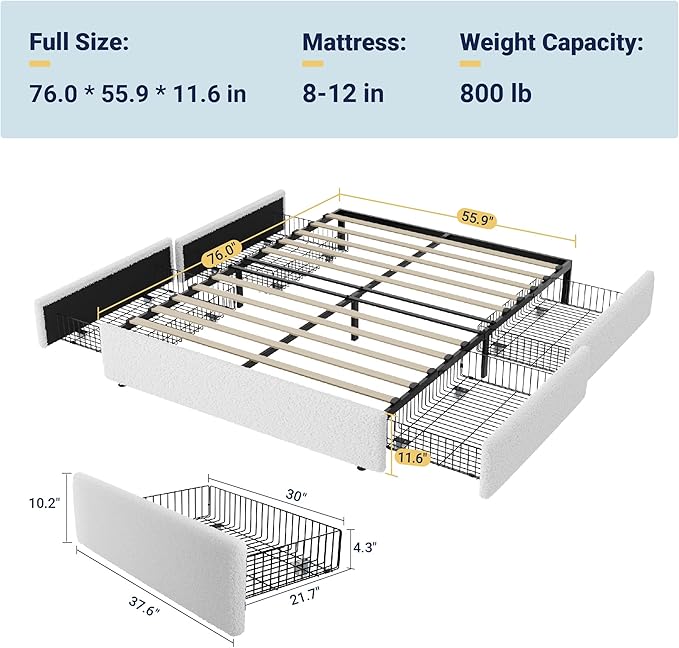 Allewie Full Size Bed Frame with 4 Oversized Storage Drawers, Soft Teddy Fabric, Boucle Upholstered Platform Bed, Wooden Slats Support, Noise-Free, No Box Spring Needed, Easy Assembly, White