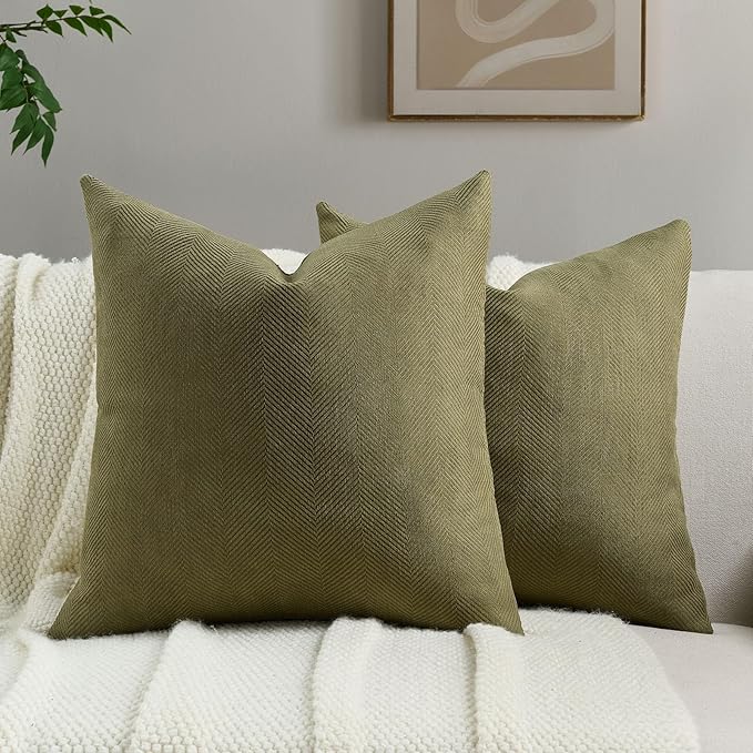 FUTEI Olive Green Chenille Throw Pillow Covers 18x18 Inch Set of 2,Soft Wide Chevron Textured Cushion Case,Farmhouse Home Decor for Couch Bed Living Room