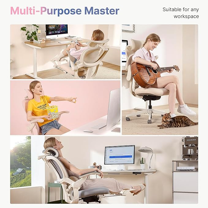 HINOMI Q2 Ergonomic Office Chair with Lumbar Support & Adjustable Headrest, Cushion Seat with Flip-Up Arms, Reclining Computer Seating with Footrest, Stylish Desk Model for Home (Pink)