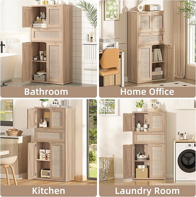 LEYAOYAO 48" Tall Storage Cabinet Set of 2,Rattan Bathroom Floor Cabinets with 4 Doors & 1Drawer,Boho Kitchen Pantry with Adjustable Shelves,Wooden Cupboard for Living Room,Home Office,Natural Wood
