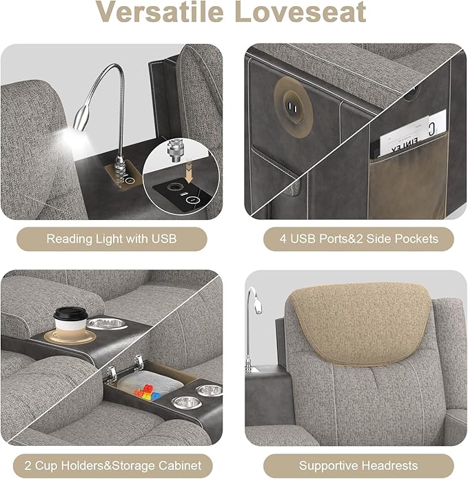 Recliner Sofa, 2 - Way Multi - Function Manual 3 Seater Couch with Cup Holders, Storage & USB Ports, Modern Multifunctional Sofa, Grey Linen & Leather Reclining Couch for Living Room