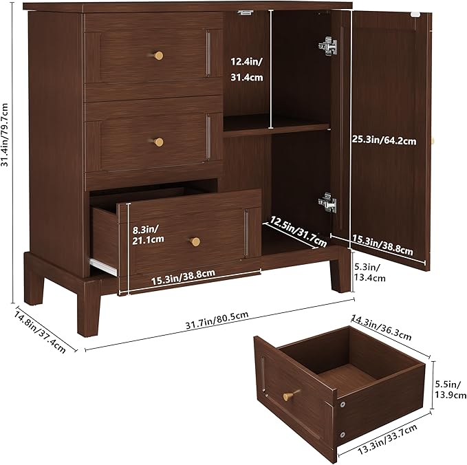 HLR Accent Cabinet with 3 Drawers and Door, Wooden Storage Cabinet with Shelves, Sideboard for Living Room, Entryway, Brown