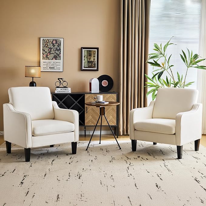 VINGLI Mid Century Modern Accent Chair, Beige Fabric Accent Chairs for Living Room Upholstered Armchair Sofa with Scooped Arms for Bedroom, Apartment, Studio, Office, Waiting Room