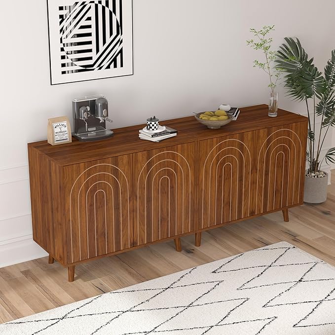 63" Sideboard Buffet Cabinet Set of 2, Modern Accent Cabinet with Carving Lines, Decorative Storage Cabinets for Bedroom Living Room Kitchen Office and Hallway (Walnut, 2)