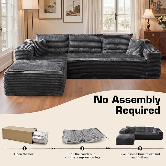 106" Cloud Sectional Couch with Chaise Lounge,L Shaped Modular Modern Sofa,Comfy Corduroy Fluffy Sofa with Deep Seat,No Assembly Required Couch for Living Room(Left,Plush Corduroy,Gray)