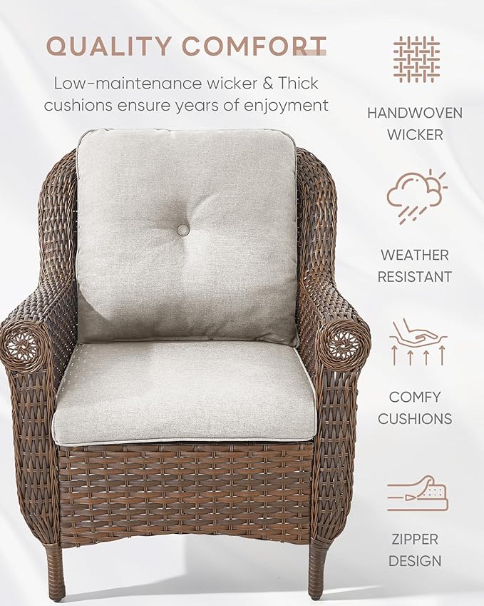 3 Piece Patio Brown Wicker Chairs with Side Table - Outdoor High Back Heavy Duty All-Weather Lawn Dining Rattan Chair Conversation Bistro Set for Deck Porch Balcony Backyard Garden - Beige