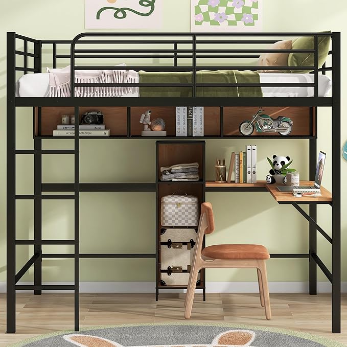 Full Size Metal & Wood Loft Bed with L -Shaped Desk and Shelves,Bedroom Multifuncational Bed Frame w/Guardrails & No Box Spring Required,for Adult Kid Boy Girl,Black+Brown