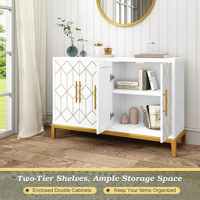 HLR Accent Cabinet with 4 Doors&Shelves, Sideboard Buffet Cabinet with Gold Trim, Modern White Storage for Living Room, Entryway, Kitchen, Dining Room, Hallway
