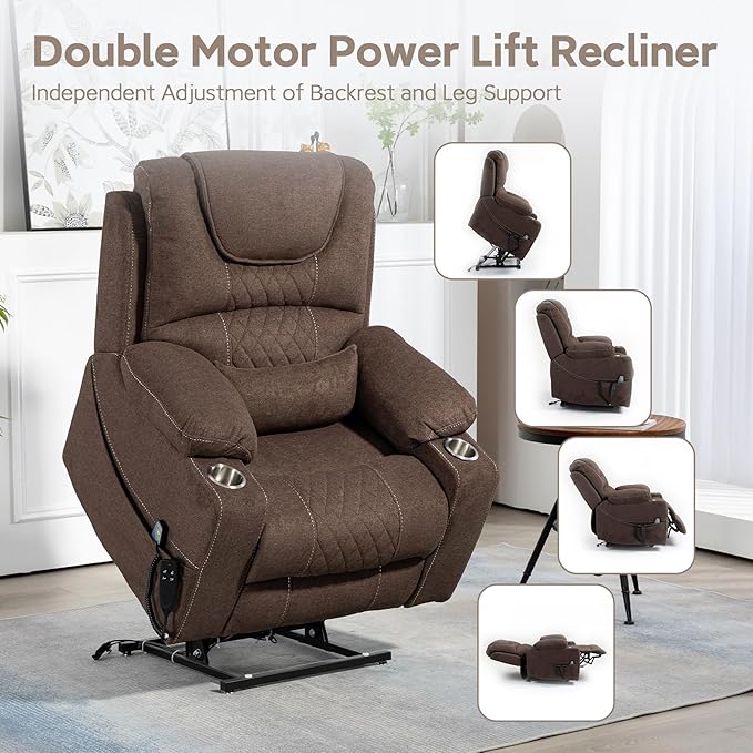 Oversized Lazy Boy Recliner Chair, 2 Motor Leather Recliner, Nursing Lift Chair with Massage and Lumbar Heating, Functional Adult Power Recliner with Cup Holders