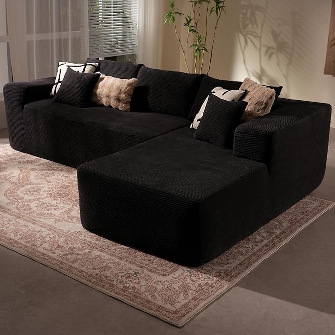 106" Cloud Sectional Couch with Chaise Lounge,L Shaped Modular Modern Sofa,Comfy Corduroy Fluffy Sofa with Deep Seat,No Assembly Required Couch for Living Room(Right,Stripe Corduroy,Black)