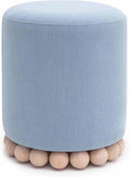 First of a Kind Ottoman Foot Rest - Faded Blue Round Ottoman Stool with Solid Wood Spherical Orbs - 15.7" W x 15.7" D x 18.3" H - Handmade, Easy Clean, 330 lbs Weight Capacity