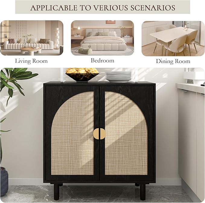 Black Rattan Cabinet-2-Doors,Sideboard Buffet Cabinet with Storage-Accent Storage Cabinet with Cane Door, Boho Wood Credenza for Dining Room, Kitchen,Study Room (Black01-2 Door)