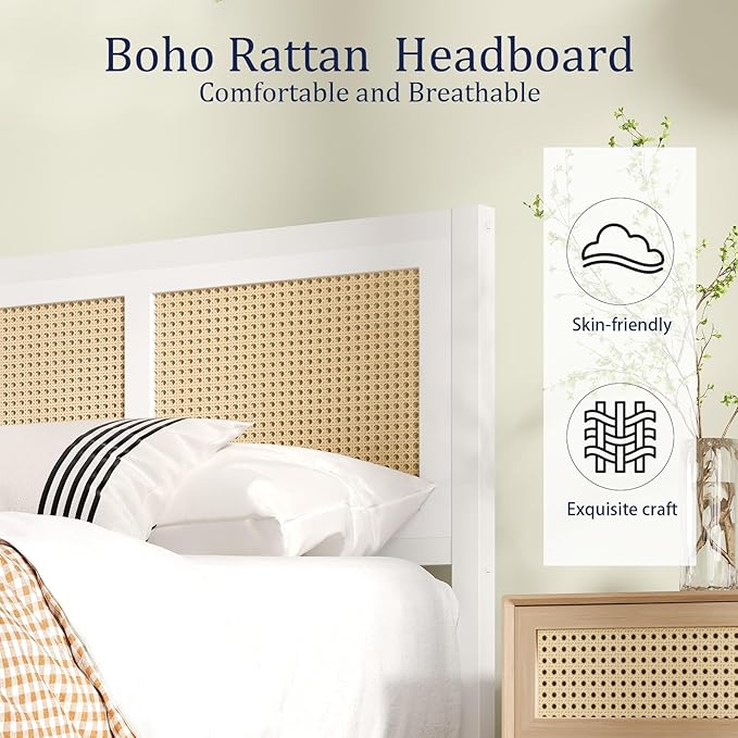 Boho Bed Frame Full, Rattan Full Bed Frames with Headboard, Metal Platform Bed Frame Full Size with Strong Slats Support, No Box Spring Needed, Noise Free, Easy Assembly, White