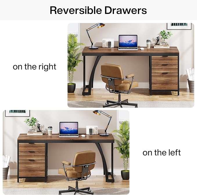 Tribesigns Computer Desk with 3 Drawers, 59-Inch PC Desk with Reversible Drawers, Industrial Study Writing Table Workstation with File Storage for Home Office, Walnut