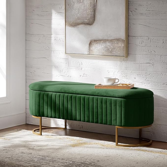 EcoHarbor Living 50.5" Velvet Bedroom Storage Bench Ottoman, Upholstered End of Bed Bench with Gold Legs,Entryway Footrest Seat