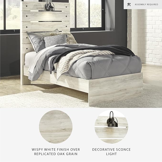 Signature Design by Ashley Cambeck Farmhouse Twin Panel Bed with Sconce Light and USB Ports, Foundation or Box Spring Needed, Whitewash
