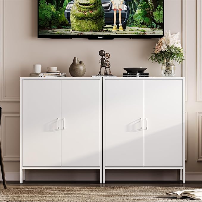 Metal Cabinet with 2 Doors and 4 Shelves，39.96" Tall Steel Office Cabinet,Bathroom Floor Locker，for Office,Home,Garage,Gym,School (White)