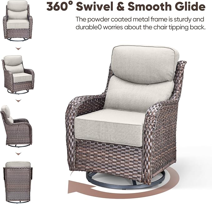 Swivel Patio Chairs sofa Set of 9 with 6" Thick Cushion - Wicker Outdoor Swivel Rocker Patio Chair ,Sofa/Glass coffee table, High Back Comfortable Outdoor Glider Chairs -Brown Wicker | Beige Cushions