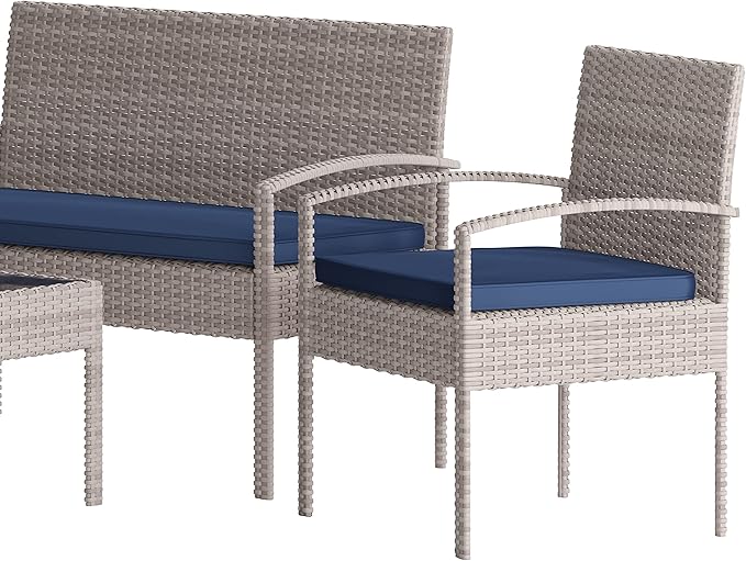 Flash Furniture Aransas Series 4 Piece Gray Patio Set with Steel Frame and Navy Cushions