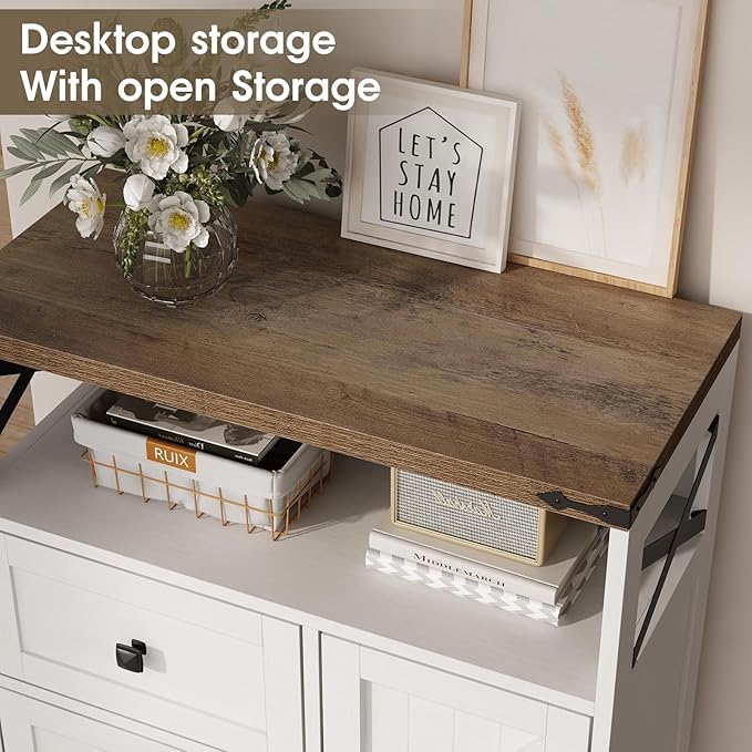 Fameill White Farmhouse Storage Cabinet with 2 Drawers & Shelves,Freestanding Kitchen Cabinet with Doors,Floor Storage Organization for Living Room,Bathroom,Laundry