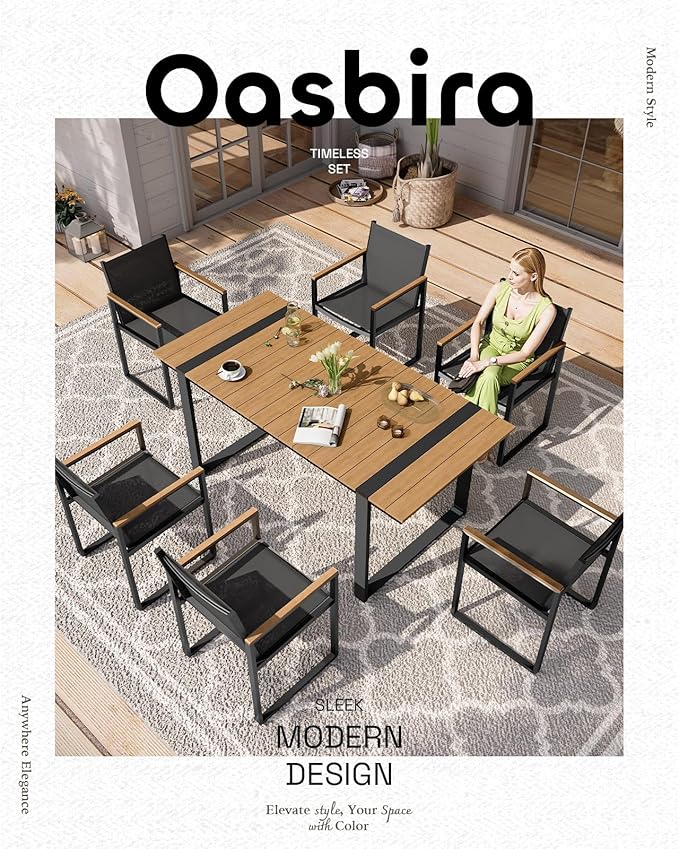 Outdoor Dining Set, Patio Table and Chairs Set, 7 Piece HDPS + Aluminum Patio Furniture Set with Umbrella Hole, Patio Dining Table Set (Gray-Teak)