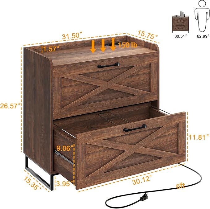 File Cabinet 2 Drawers Lateral File Cabinet with Charging Station for Letter/Legal/A4 Size Hanging Files, Large Wood File Storage Cabinets Printer Stand for Home Office, Dark Walnut