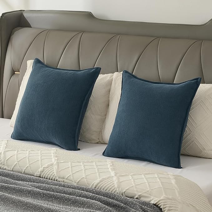 FUTEI Navy Blue Chenille Throw Pillow Covers 18x18 Inch Set of 2,Edges Double-Stitched Cushion Cases,Modern Home Decor for Couch Living Room