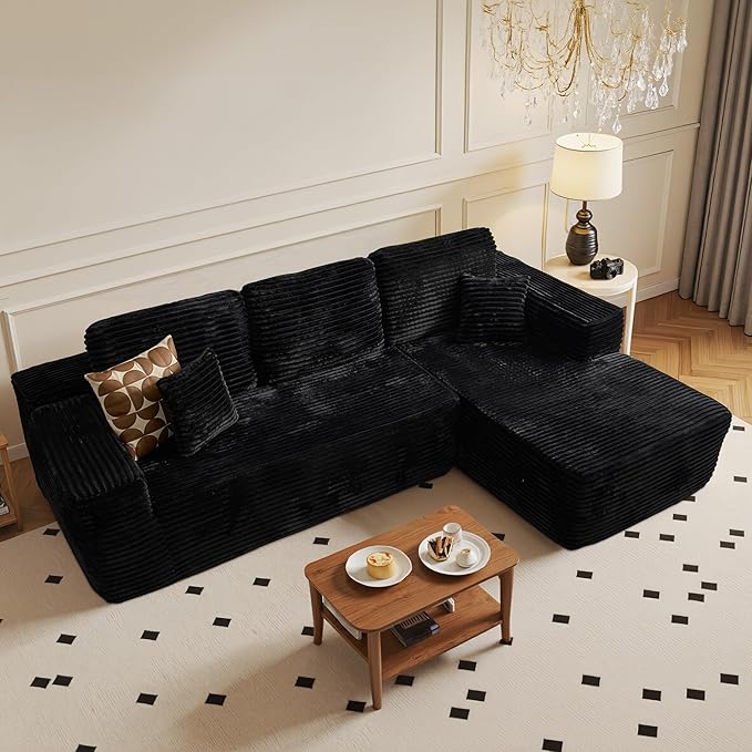 104" Cloud Sectional Couch with Chaise, Boneless L-Shaped Cloud Couch with Deep Seat, Soft Plush Modern Minimalist Sofa, Assembly Free Comfy Sofa for Office Living Room Apartment(Black, Right Chaise)
