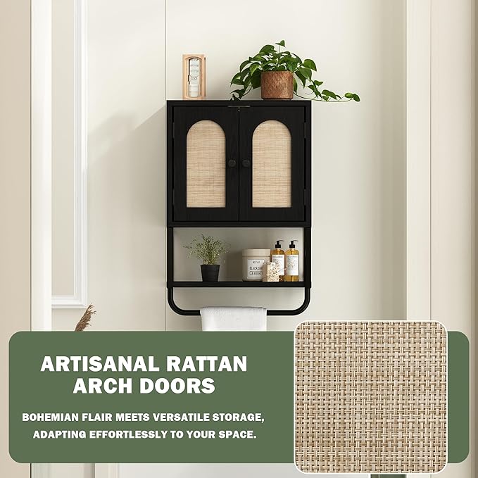 RUSTOWN Rattan Bathroom Wall Cabinet, Boho Over The Toilet Storage Cabinet with Arched Rattan Doors, Modern Medicine Cabinet with Adjustable Shelves & Towel Bar (Black, Small)