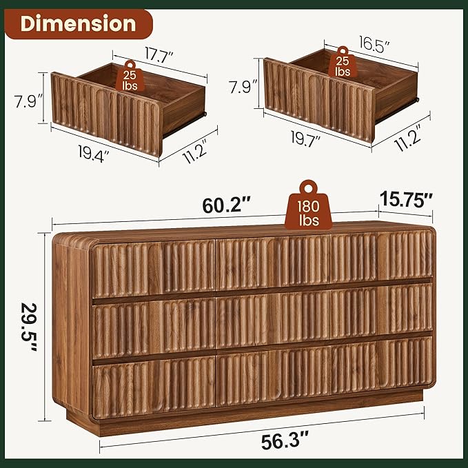 Fluted 9 Drawer Dresser for Bedroom, 60" Wide Modern Chest of Storage Drawers, Wood Dresser & Chest of Drawers with Curved Corners, Dressers TV Stand for Living Room (60" Walnut 9 Drawer)