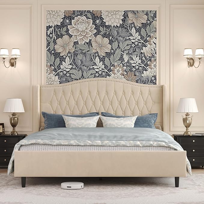 Belffin King Bed Frame and Headboard, Luxury Upholstered Velvet Platform Bed with Wingback, Button Tufted & Nailhead Trim, Anti-Slide Tall Footboard, No Box Spring Needed, Noise-Free, Beige