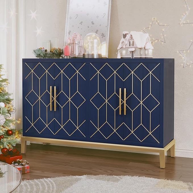 HLR 48" Accent Cabinet with 4 Doors and Shelves, Modern Credenza Storage Cabinet with Gold Trim, Sideboard Buffet for Living Room, Kitchen, Dining Room, Hallway, Blue