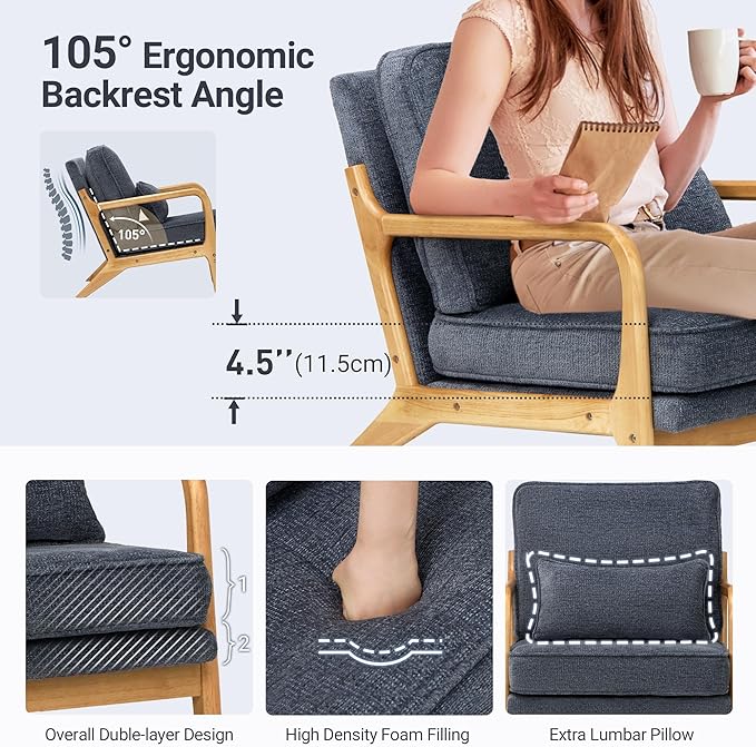 COLAMY Mid Century Modern Accent Chair with Lumbar Pillow, Relaxing Armchair with Solid Wood Frame & Soft Cushion, Reading Leisure Chair for Living Room,Bedroom,Waiting Room（Blue）