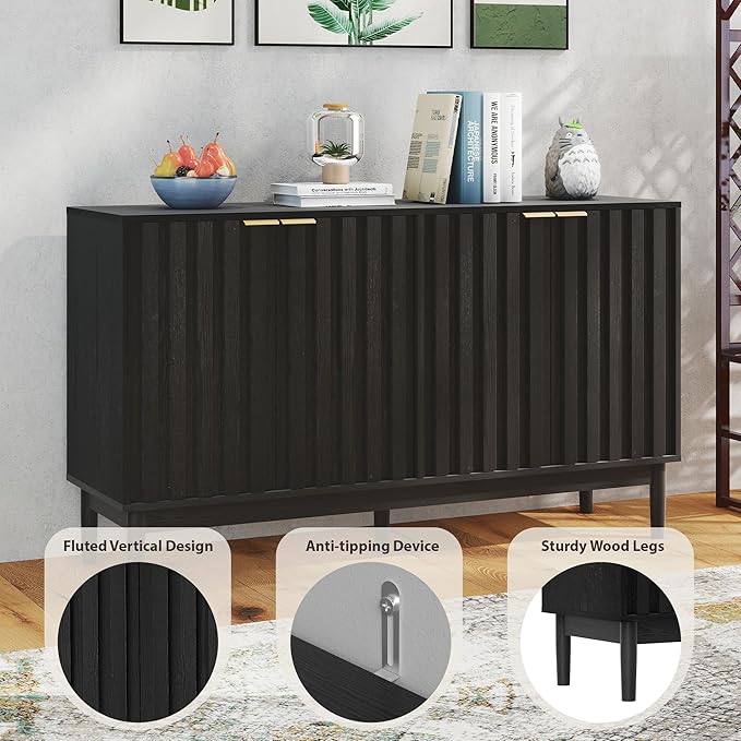 Fluted Cabinet with Storage, Small Buffet Cabinet Sideborad with Door, Kitchen Buffet Storage Accent Cabinets with Adjustable Shelves for Living Room, Entry, Hallway,Black