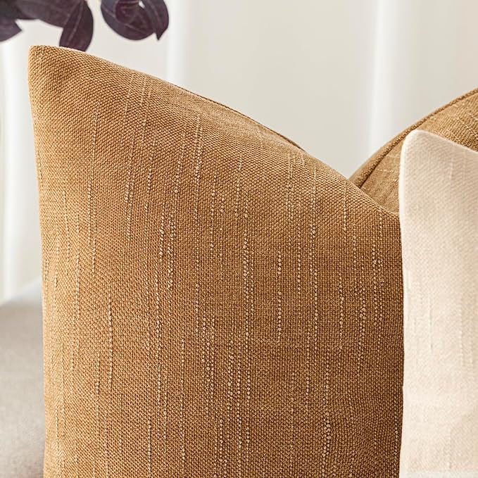 Foindtower Set of 2 Soft Textured Chenille Throw Decorative Pillow Covers Square Accent Solid Cushion Cover Neutral Farmhouse Pillow Case for Couch Sofa Bedroom Living Room 20x20 Inch,Golden Brown