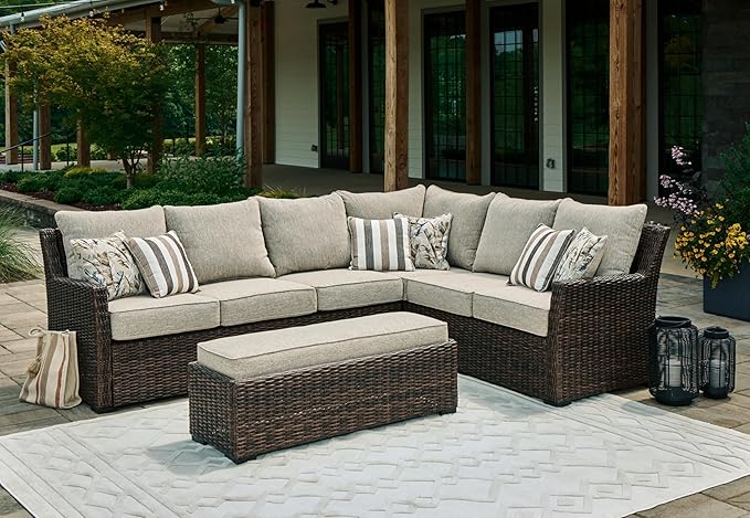 Signature Design by Ashley Brook Ranch Casual Nuvella Weather Resistant Fabric Right Hand Facing Outdoor Sofa Sectional/Bench with Cushion and 6 Throw Pillows, Set of 3, Beige & Dark Brown