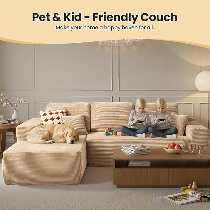 104" Cloud Sectional Couch with Chaise, Boneless L-Shaped Cloud Couch with Deep Seat, Corduroy Modern Minimalist Sofa, Assembly Free Comfy Sofa for Office Living Room Apartment(Camel, Left Chaise)