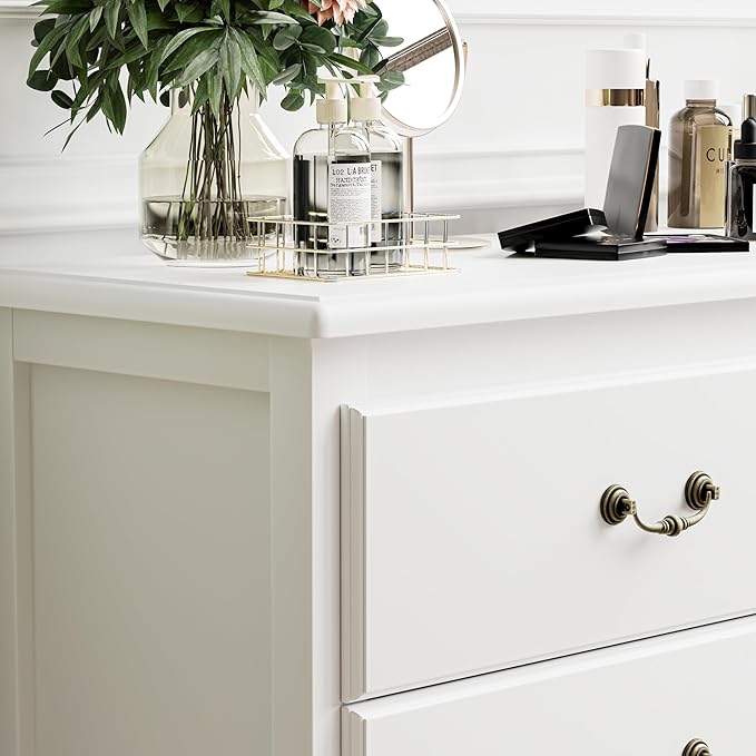 White Dresser for Bedroom, Modern 7 Drawer Double Dresser with Vintage Gold Antique Handles, Chest of Drawers for Bedroom, Antique White