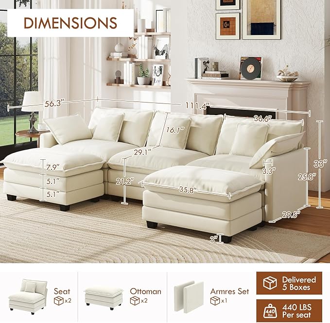 WorthFurni 111.4” Modular Sectional Sofa, U Shape Cloud Couch with 2 Movable Ottoman, Comfy Chenille Deep Seat Sofa with Soft Pillows for Apartment Living Room Bedroom（Beige）
