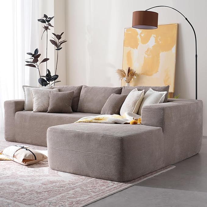 106" Cloud Sectional Couch with Chaise Lounge,L Shaped Modular Modern Sofa,Comfy Corduroy Fluffy Couches with Deep Seat,No Assembly Required Couch for Living Room(Right,Stripe Corduroy,Camel)