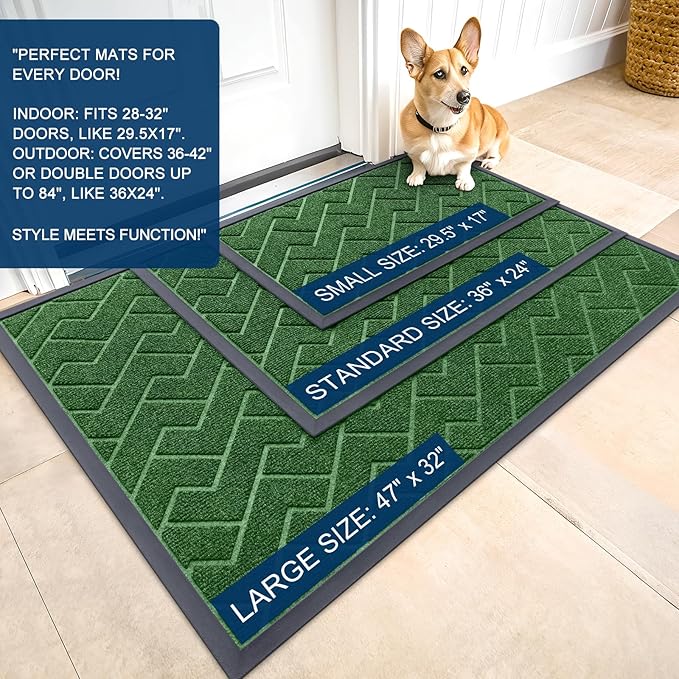 OLANLY Front Door Mat Indoor Outdoor Entrance, Waterproof All-Season, All-Weather Doormat, Sturdy Natural Rubber, Low Profile, Easy Clean Patio Porch Entryway Mat, Herringbone Brick (Green, 71x47)
