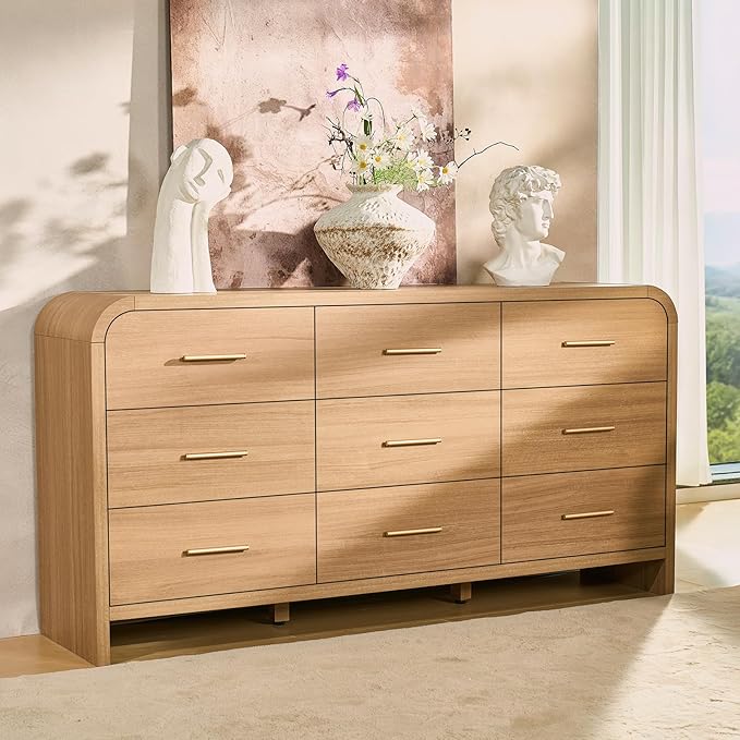 Curved 9-Drawer Dresser for Bedroom, 63" Wide Modern Chest of Drawers, Vanity Desk TV Stand for Living Room, Closet Storage Drawers Organizer Furniture, Nursery, Hallway, Oak