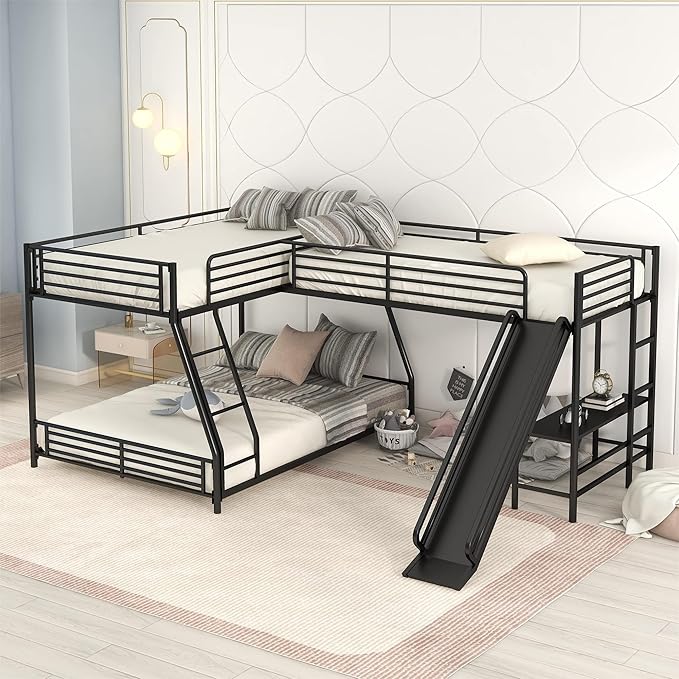 L-Shaped Twin Over Full Bunk Bed with Twin Size Loft Bed Frame Have Desk/Slide/Integrated Ladder/Full-Length Guardrails/Metal Slats Support/Easy to Assemble,for Adult Boy Girl,Black