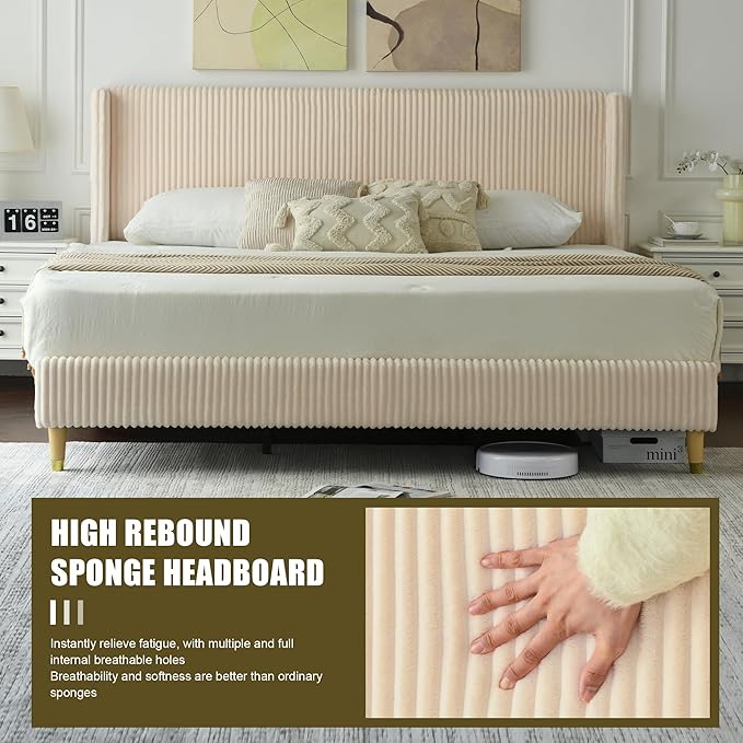 PINJU King Size Bed Frame, Upholstered Platform Bed with Modern Vertical Striped Wingback Headboard with Wooden Slats, Easy to Assemble No Noise Free (Beige, King (U.S. Standard))