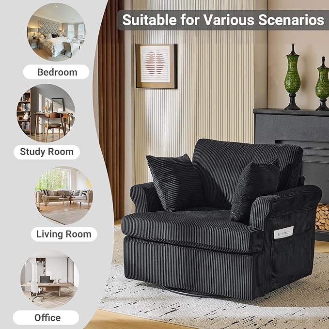 Karl home 39" Swivel Accent Chair,Oversized Seat Armchair W/2 Pillows and 4 Pockets,Modern Upholstered Corduroy Barrel Chairs,Comfy Single Sofa for Living Room,Reading,Bedroom and Office -Black