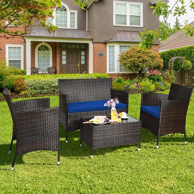 COSTWAY 4PCS Rattan Patio Furniture Set, Outdoor Wicker Rattan Chairs with Coffee Table, Rattan Cushioned Conversation Set for Backyard Balcony Porch Poolside, Navy